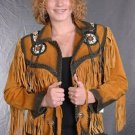 Women Golden Brown Western Cowboy Style Suede Leather Jacket Fringe & Bead Work