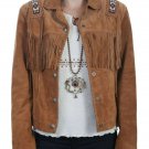 Women Brown Suede Western Style Leather Jacket With Fringed & Beaded