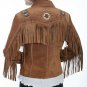 Women Brown Suede Western Style Leather Jacket With Fringed & Beaded