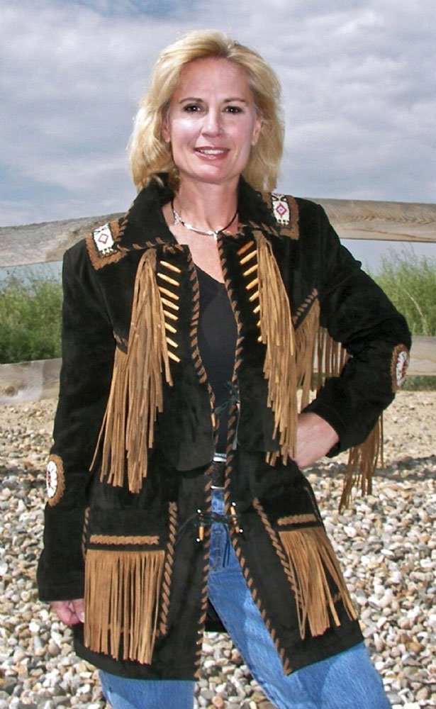 Women Black Suede Leather Jacket Contrast Fringed & Beaded - Western Style