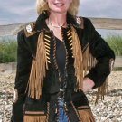 Women Black Suede Leather Jacket Contrast Fringed & Beaded - Western Style