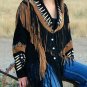 Women Black Suede Leather Jacket Contrast Fringe & Bead Work - Western Cowboy