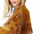 Women Tan Brown Western Style Suede Leather Jacket Fringed & Snaps Closure
