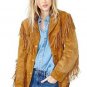Women Tan Brown Western Style Suede Leather Jacket Fringed & Snaps Closure