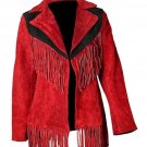 Women Suede Leather American Native Style Jacket Fringed - Red & Black