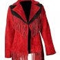 Women Suede Leather American Native Style Jacket Fringed - Red & Black