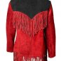 Women Suede Leather American Native Style Jacket Fringed - Red & Black