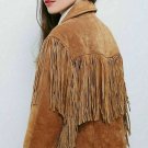 Women Brown Western Style Suede Leather Jacket Fringed With Buttons Closure