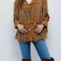 Women Brown Western Style Suede Leather Jacket Fringed With Buttons Closure