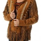 Women American Western Native Suede Leather Jacket Fringed & Beaded - Tan Brown