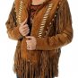 Women American Western Native Suede Leather Jacket Fringed & Beaded - Tan Brown