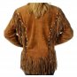 Women American Western Native Suede Leather Jacket Fringed & Beaded - Tan Brown