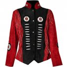 Women Suede Leather American Native Style Jacket Fringed & Beaded - Red & Black