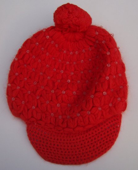 MANOUSH Red Angora Crystal Pom Crochet Newsboy Hat Cap