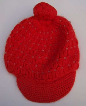 MANOUSH Red Angora Crystal Pom Crochet Newsboy Hat Cap