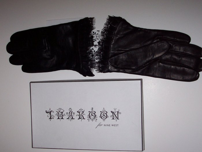 THAKOON Black Leather Peek-a-Boo Lace Glove Retro 80s M