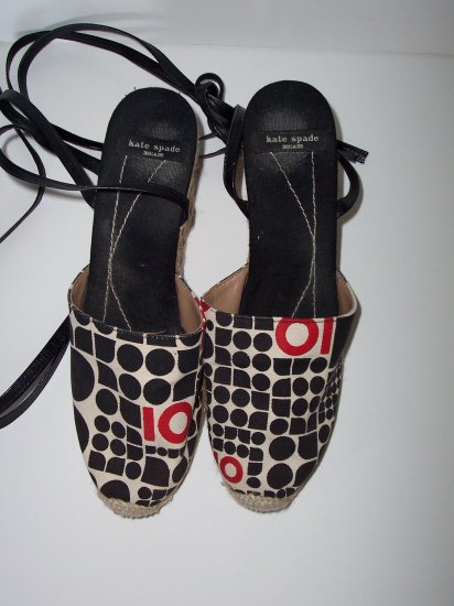 KATE SPADE Mod Art Deco Leather Wrap Espadrille Wedge Heel
