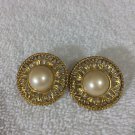 Vintage Pierced Earrings Large Faux Pearl Surrounded by Gold Tone Filigree 1 inch