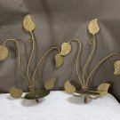 2 Vintage Candle Sconces Brushed Gold Tone Leaf Design Wall Hangings