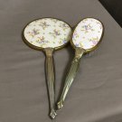 Vintage 1960s Brush and Hand MIrror Gold Tone Embroidered Backs