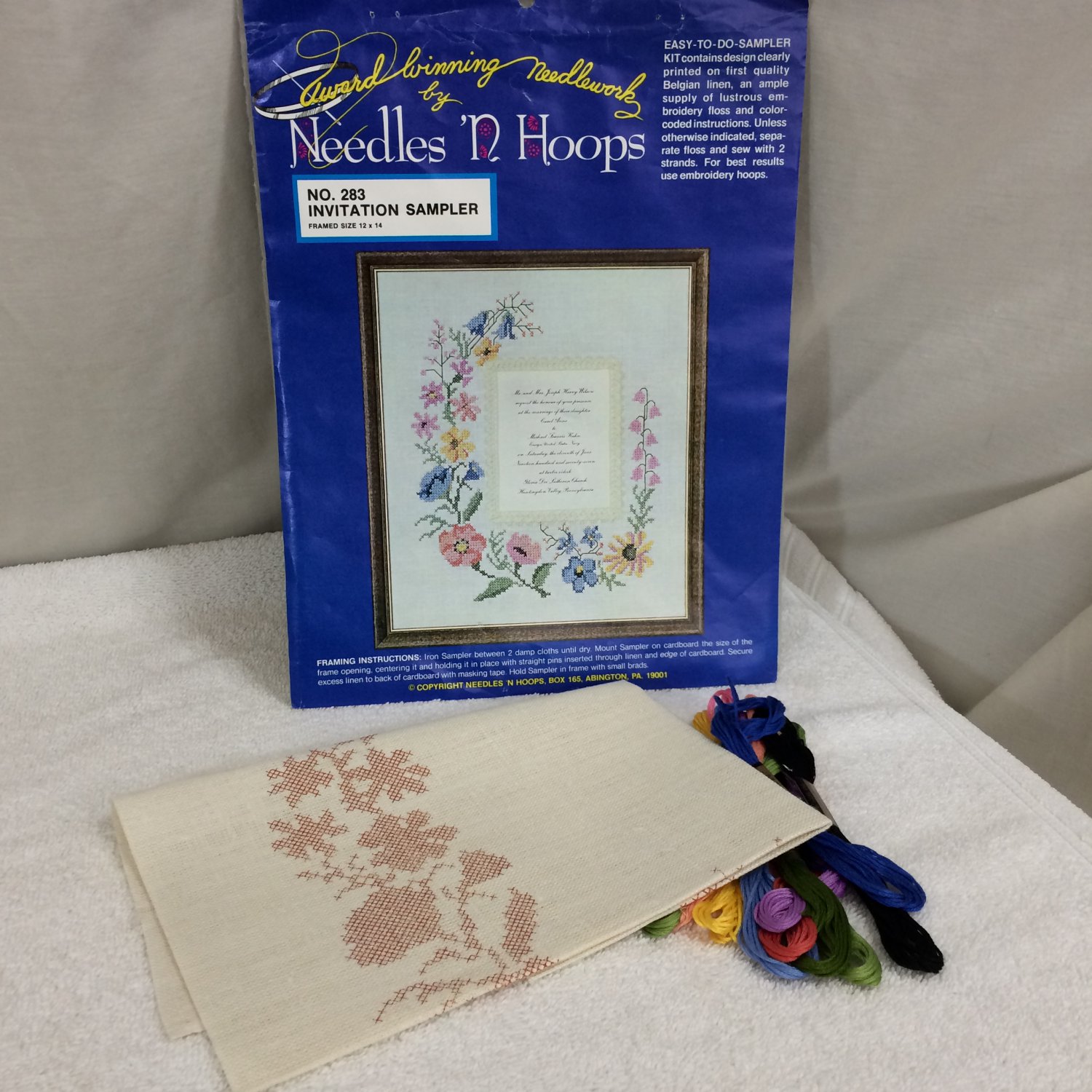 Vintage Cross Stitch Set Invitation Sampler #283 Printed Linen NOS Never Used Complete