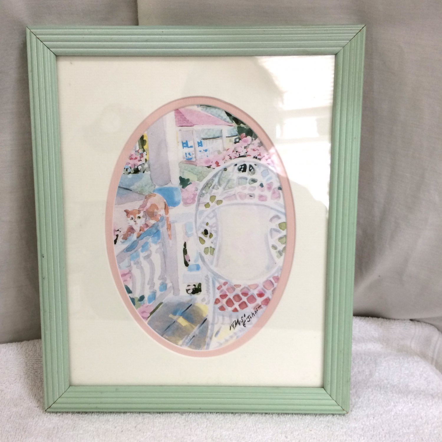 Signed Numbered Print Emily Johnson Watercolor Cat Porch Wicker Chair Matted Framed