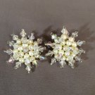 Vintage Clip Earrings Large Pearl Crystal Starburst Pattern 1.5 Inches