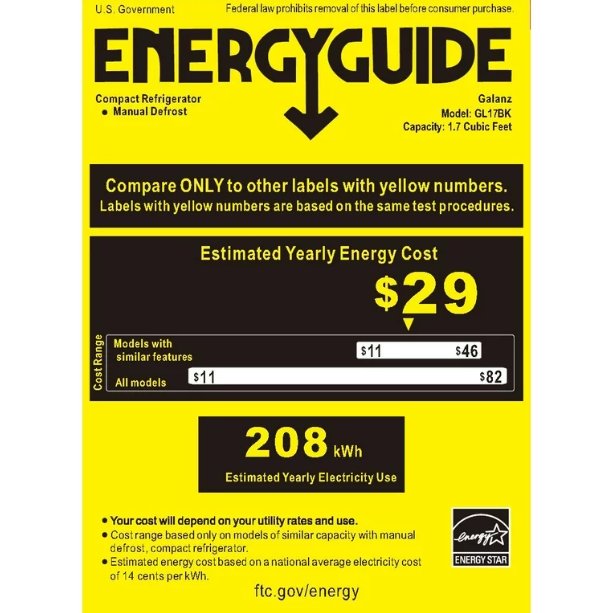 Galanz 1.7 Cu Ft Single Door Mini Fridge GL17BK, Black