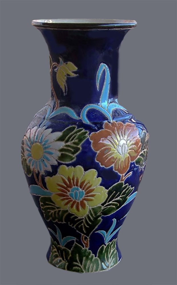Nice Quality 15â�� Vintage Antique Stoneware Vase Cobalt Floral Relief Decorations