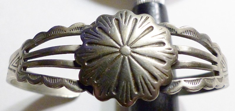 Vintage Unmarked Concho Stud Cuff Bracelet Stamped Designs on Sides
