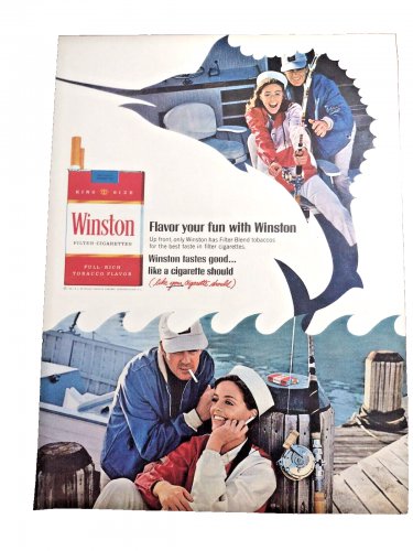1967 Winston Cigarettes Vintage Print Ad Swordfish Fishing Boat Dock Smoking