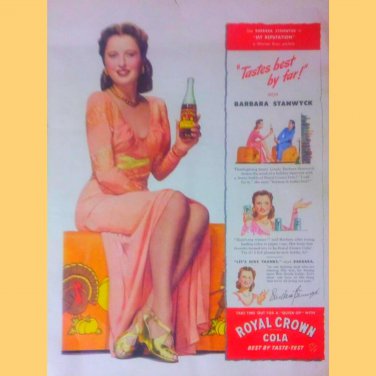 1944 Royal Crown Cola Barbara Stanwyck RC Tastes Best By Far Vintage Print Ad