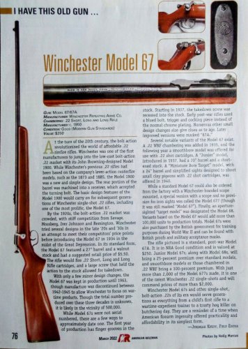 I Have This Old Gun Winchester Model 67 .22 Rifle Print Magazine Clipping