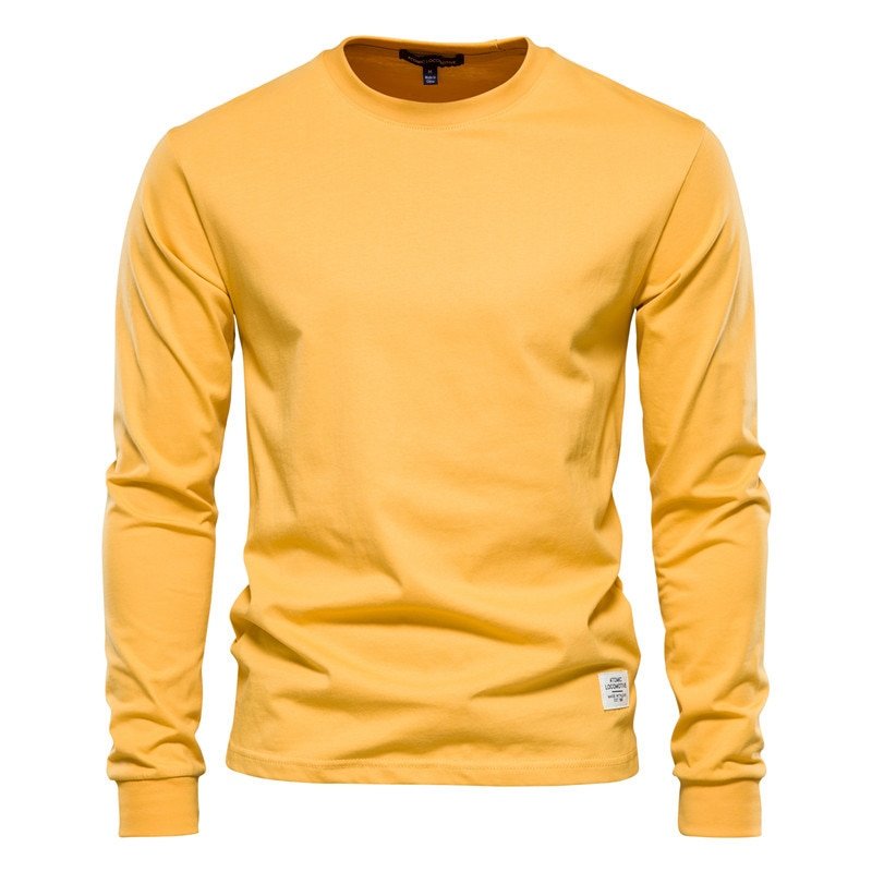 Men Cotton Long Sleeve Tee Pullovers T Shirts Yellow