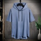 Men Hooded Loose T-shirt Casual Short Sleeves Pullover Blue