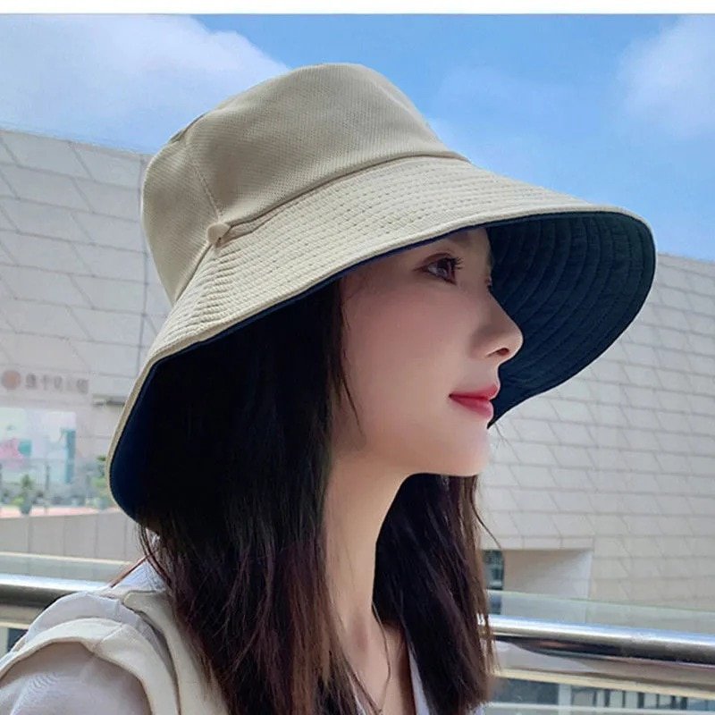 Fashion Double-sided Wear Sun Cap Hats Women Men Breathable Outdoor Travel beige black Bucket Hat