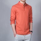 Men Tees Fashion Stand Collar Long-sleeved Linen Cotton Orange Shirt