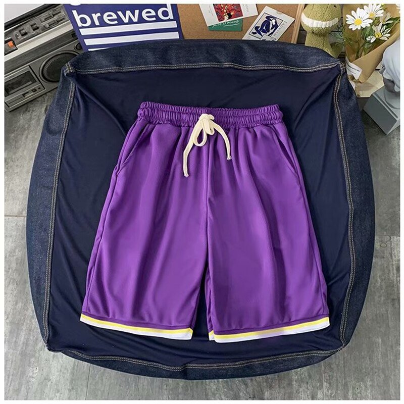 Men Cotton Short Pants Drawstring Casual Purple Sport Shorts