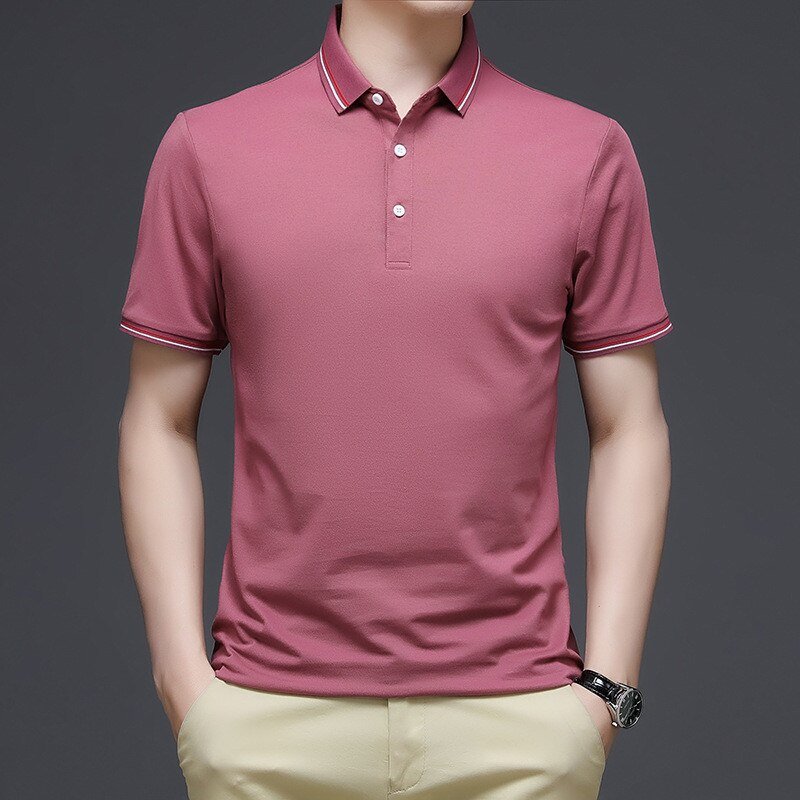 Men Polo Shirt Cotton Short Sleeve Summer Fashion Pink T-Shirt
