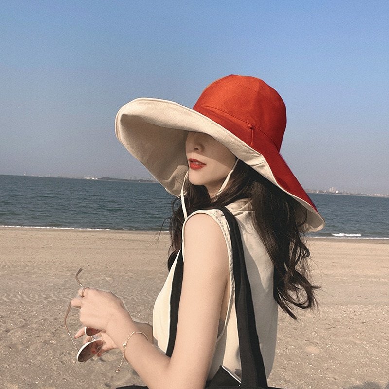 Women Sun Hat UV Sun Protection Wide Brim Summer Red Beach Cap
