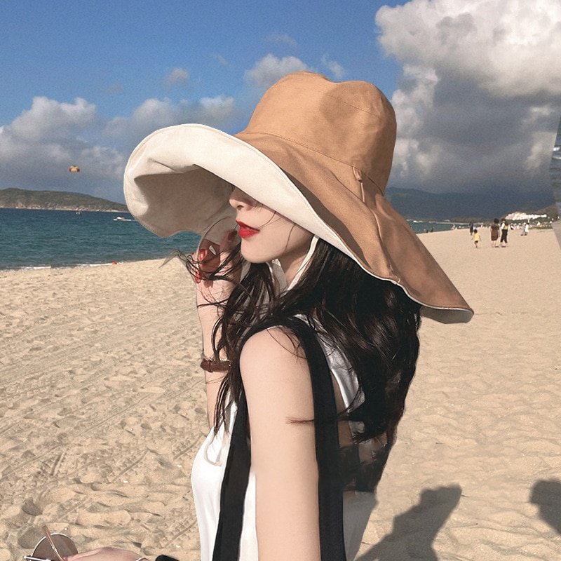 Women Sun Hat UV Sun Protection Wide Brim Summer Khaki Beach Cap