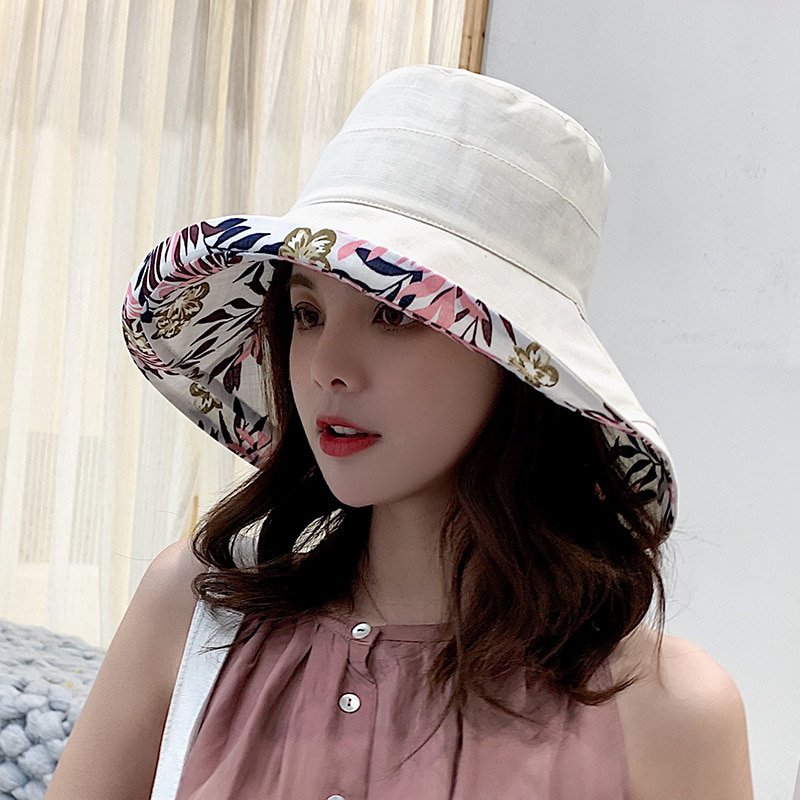 Women Bucket hat Fisherman Hat Big Brim Hat Double-Sided White Sun Visor Sunhat