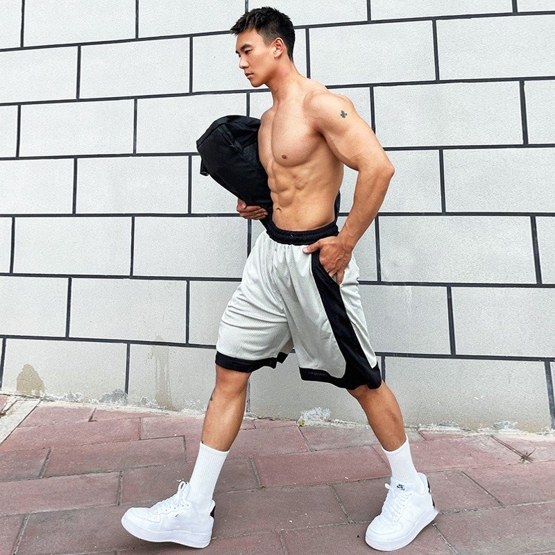 Men Mesh Running Shorts Quick Dry Sport Loose Light grey Basketball Shorts
