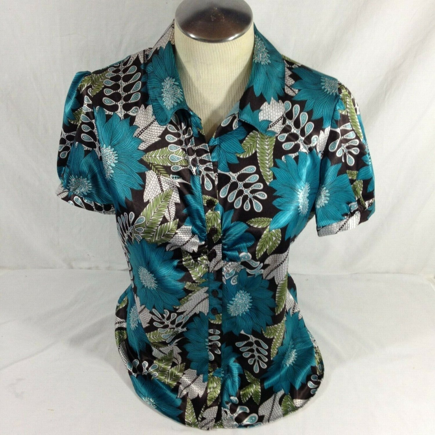 Fred David Women's Short Sleeve Blouse Top Shirt Green/Black/ White Medium