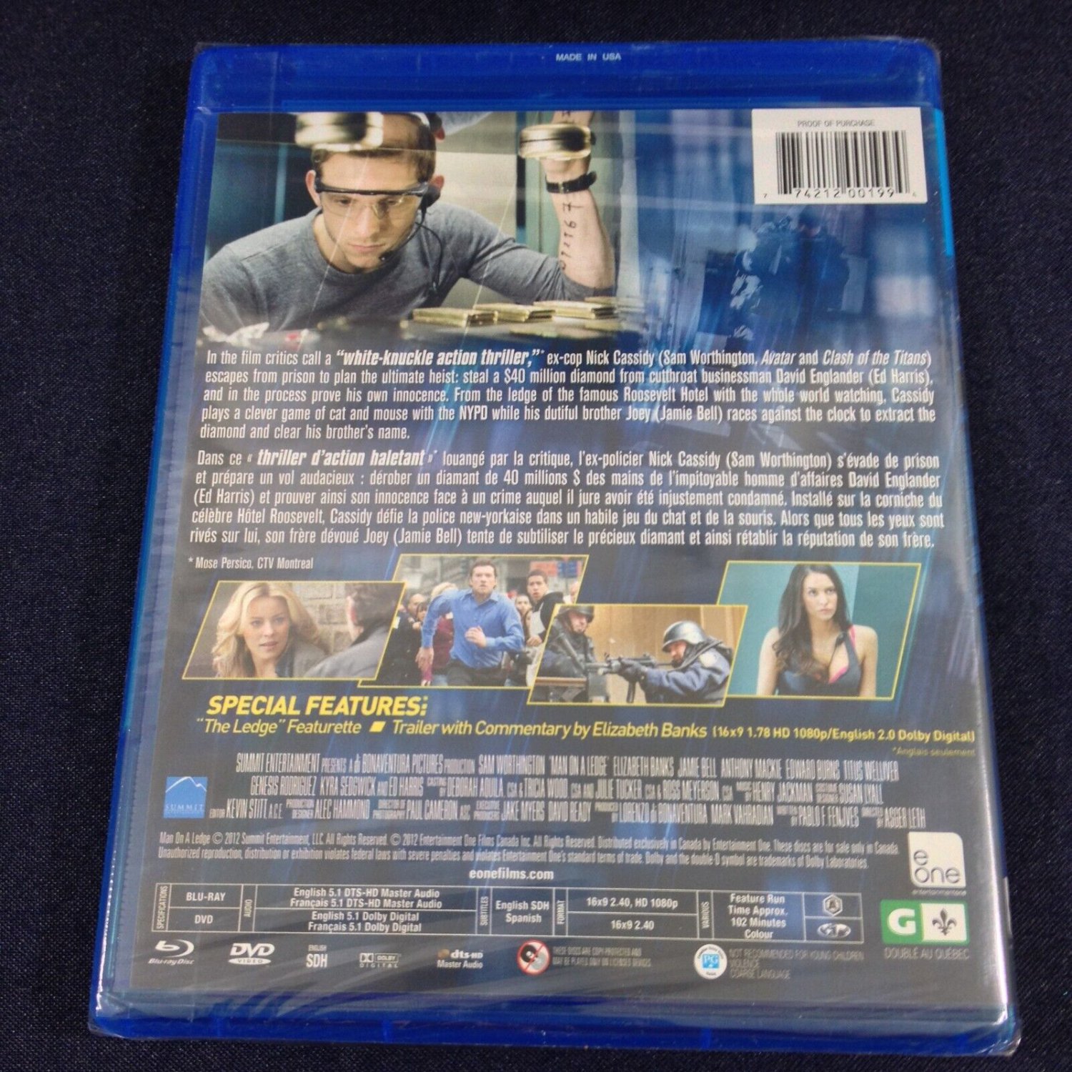Man on a Ledge 2012  LE Temps D'un Vol  Blu ray Combo Pack  DVD  New