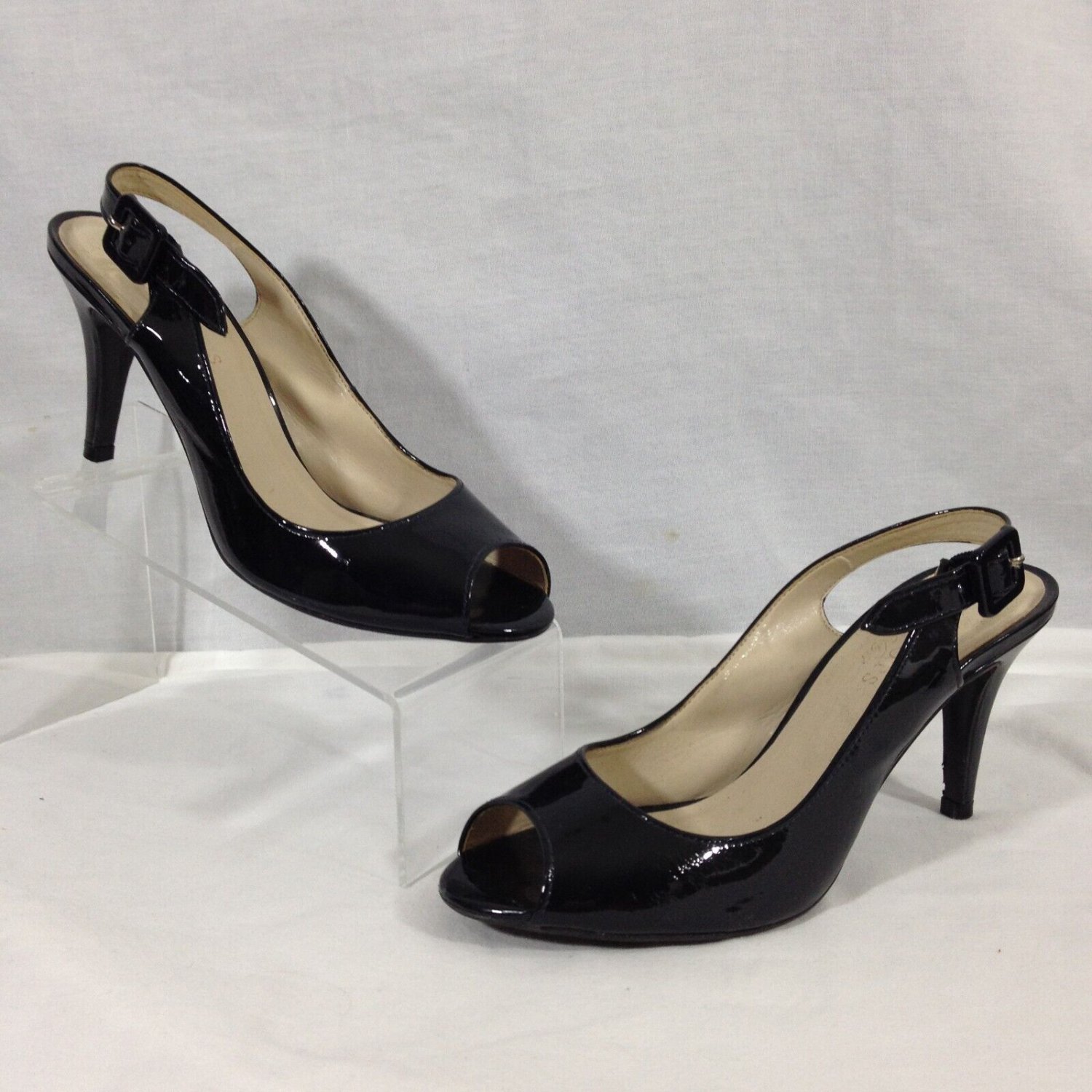TALBOTS Black Patent Leather Slingback Open Toe Stiletto Heels Sz 8AA