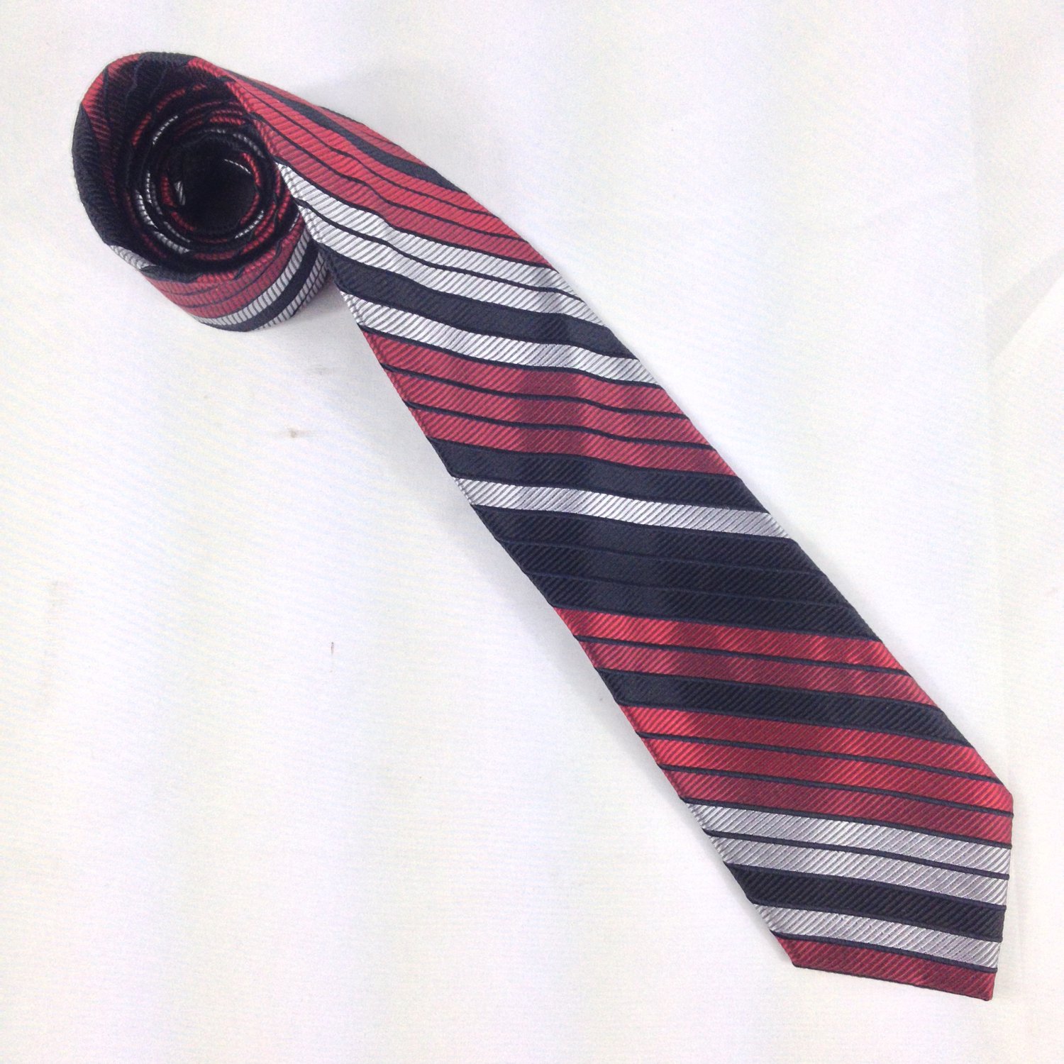 Allyn Saint George Silk Handmade Red Black Silver Striped Tie 58" x 3.50" Used