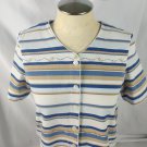 Alfred Dunner Womens Short Sleeve Button Down Sweater Blue/Tan Stripes Size PM