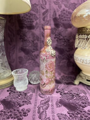 Decorative Wine Bottle Stained Glass Hand Painted Upcycled Shabby Chic Flowers