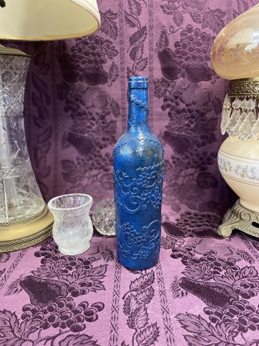 Decorative Wine Bottle Stained Glass Hand Painted Upcycled Shabby Chic Navy Blue